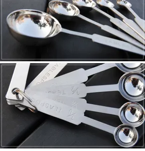Detailed close-up of engraved measurement markings on stainless steel measuring spoons
