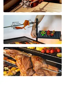 Close-up of rotating stainless steel BBQ rotisserie spit with roasted meat for outdoor grill