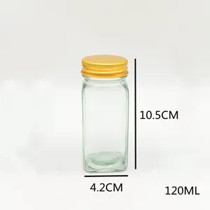 Pot à épices carré en verre avec couvercle doré, capacité 120 ml, hauteur 10,5 cm pour cuisine.