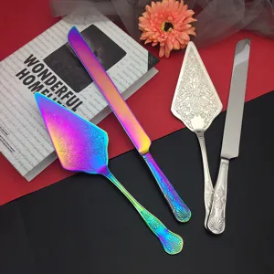 Stainless Steel Wedding Cake Knife Server Set Vintage Floral Embossed Rainbow Mirror Polished Birthday Party Baking Tool