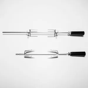 Stainless steel rotisserie spit rods with meat forks and black handles for BBQ