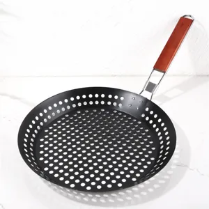 Portable Folding Round Carbon Steel Non-Stick BBQ Grill Pan Outdoor Picnic Barbecue Cookware With Wooden Handle