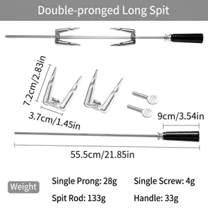 Stainless steel rotisserie spit rod with forks and dimensions for BBQ grill