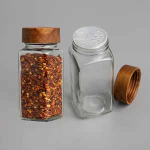 Pot à épices en verre carré 120ml avec couvercle en bois d'acacia et couvercle shaker