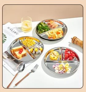 Assiettes de diner divisees en acier inoxydable conteneur de nourriture 3 compartiments.