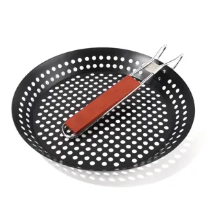 Outdoor folding BBQ grill pan with wooden handle, round non-stick perforated camping cookware