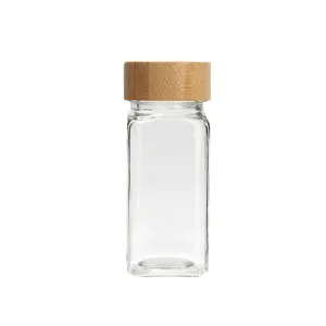 Élégant pot à épices carré en verre transparent avec un couvercle en bois 120ml