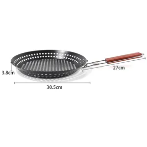 Outdoor folding round BBQ grill pan with wooden handle, portable picnic mesh frying basket