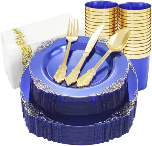 Élégant service de vaisselle jetable bleu roi 175 pièces avec assiettes à bord doré