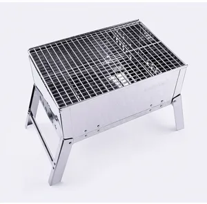 Detailed view of a portable folding stainless steel BBQ grill for outdoor camping