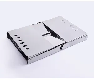 Detailed view of a compact foldable stainless steel BBQ grill in its storage mode.