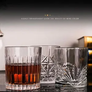 European Style Thick Bottom Whiskey Glass Geometric Engraved Pattern Crystal Clear Tumbler For Scotch Bourbon Juice Home Bar