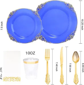 Détail de l'ensemble de vaisselle jetable avec dimensions des assiettes bleues dorées.