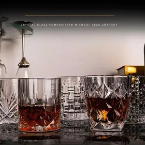 Elegant set of lead-free crystal whiskey glasses with intricate diamond cut patterns