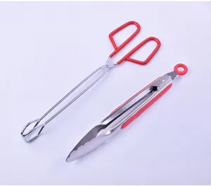 Two types of stainless steel BBQ tongs with red ergonomic handles on white background