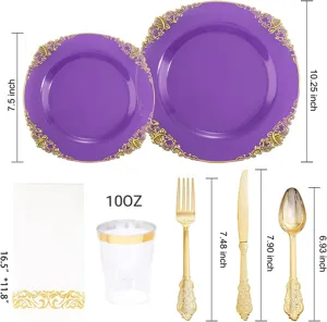 Dimensions détaillées du service de table jetable violet 175 pièces avec bord doré
