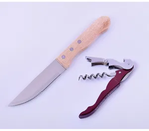 Stainless steel utility steak knife and red waiter's corkscrew set for BBQ and camping