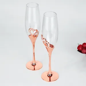 Luxury Double Heart Rhinestone Wedding Champagne Flute Glasses Crystal Glass Toasting Goblets For Anniversary Engagement Gift
