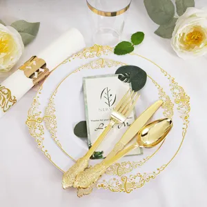 Ensemble de Vaisselle Jetable 175pcs Bord Doré Relief de Dragon Assiettes Gobelets Couverts en Plastique PS Dur pour Mariage Banquet Fête