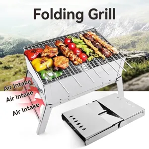 Portable stainless steel foldable charcoal BBQ grill for outdoor camping and picnics