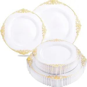 Service de vaisselle jetable 175 pièces en plastique avec assiettes à bord doré
