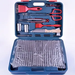 Portable folding stainless steel BBQ grill and tool set in a blue carry case