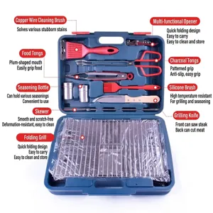 Portable folding stainless steel BBQ grill set with tool kit in a blue carrying case.