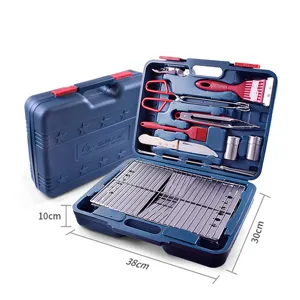 Portable folding stainless steel BBQ grill set with blue carrying case and tools