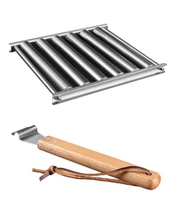 Detailed view of stainless steel sausage roller rack with beech wood handle accessory