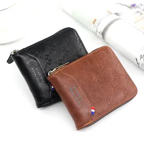 Detail view of black and brown men's bifold PU leather wallets with secure zipper closure
