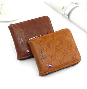 Close-up shot of two brown PU leather men's bifold wallets with zipper and MENBENSE logo
