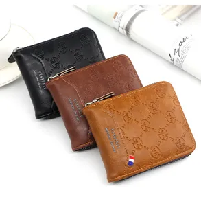 Detail of three PU leather men's wallets in black, dark brown, and tan