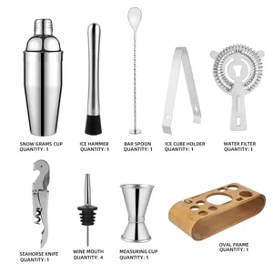 Professionelles 12-teiliges Cocktail-Shaker-Set aus Edelstahl mit Holzständer