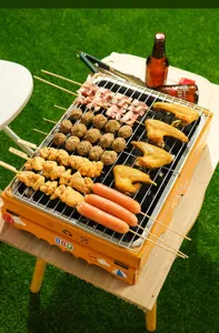 Close-up of portable charcoal grill with meat skewers and sausages on grass outdoors