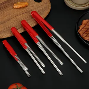 Polished Stainless Steel Food Tongs With Red Rubber Handle Heat Resistant Serrated Cooking Tongs For BBQ Steak Kitchen Utensils