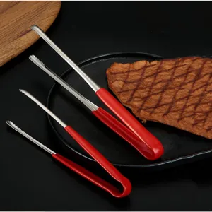 Professional red rubber handle stainless steel kitchen food tongs for BBQ and grilled steak