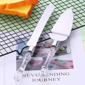 Juego de cuchillo y servidor de pastel de bodas de acero inoxidable con mango de cristal.