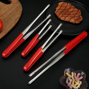 Stainless steel BBQ food tongs with red heat-resistant handles for grilling and steak