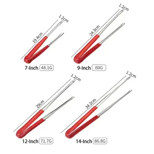 Set of 4 stainless steel food tweezers with red rubber handles in various sizes.