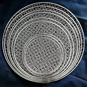 Premium circular stainless steel barbecue grill meshes stacked in multiple sizes for outdoor use