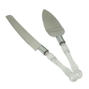 Juego de cuchillo y pala para tarta de bodas de acero inoxidable con mangos de cristal.