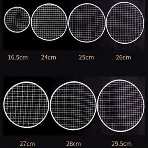 Round stainless steel BBQ grill mesh set in various sizes for outdoor charcoal cooking