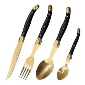 Gold Titanbeschichtet Edelstahl Besteck Mit Schwarzem Griff Laguiole Stil Steakmesser Gabel Löffel Für Zuhause Restaurant