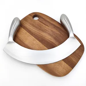Edelstahl Wiegemesser mit Holzbrett, doppelter Griff Kräuter und Pizzaschneider.