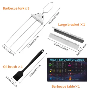 Detaillierte Maße des Sets aus Edelstahl-Grillgabeln, Halterungen und Silikonpinsel.