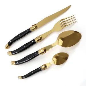 Elegantes 4-teiliges Laguiole-Besteckset aus Edelstahl in Gold und Schwarz für Steak