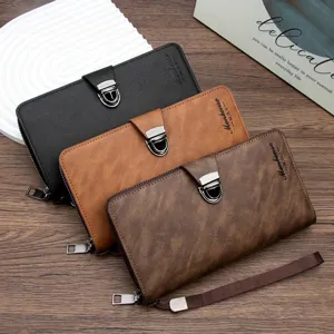 Portafoglio lungo da uomo vintage in pelle con chiusura in metallo e cerniera lampo