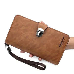 Portafoglio lungo da uomo in pelle marrone vintage con chiusura in metallo e cinturino