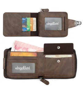 Interior detail view of men's short brown zipper wallet with multiple card slots and cash compartment
