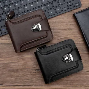 Portafoglio Uomo Corto Trifold in Pelle PU Business Casual Con Serratura in Metallo Cerniera Slot per Carte Portamonete